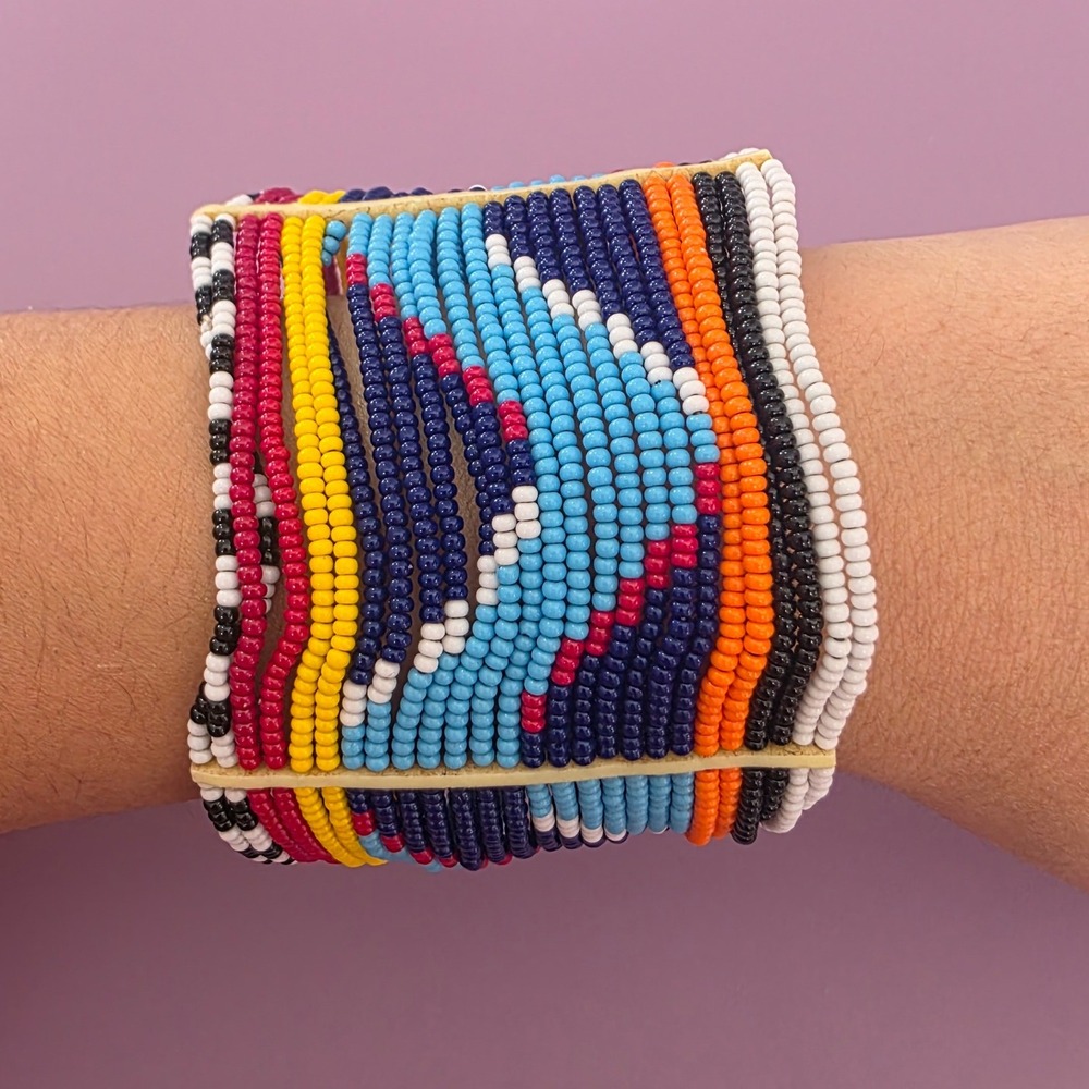 Handmade Maasai Beaded Cuff Bracelet Multicolor‎ Tribal Seed Bead Leather Snap